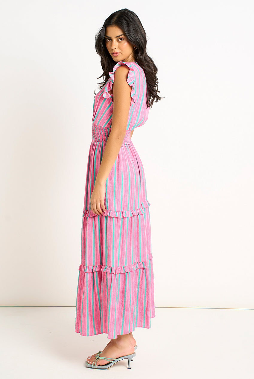 Pink Summer Stripe Shirred Waist Maxi Dress by Gini London - GL2070