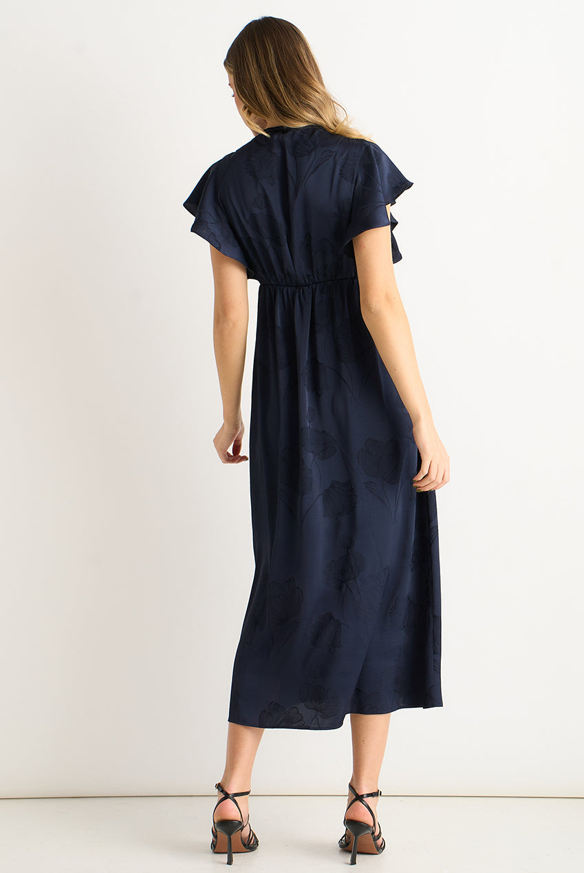 Navy Floral Satin Jacquard Lace Trim Midi Dress by Gini London - GL2188