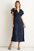 Navy Floral Satin Jacquard Lace Trim Midi Dress by Gini London - GL2188