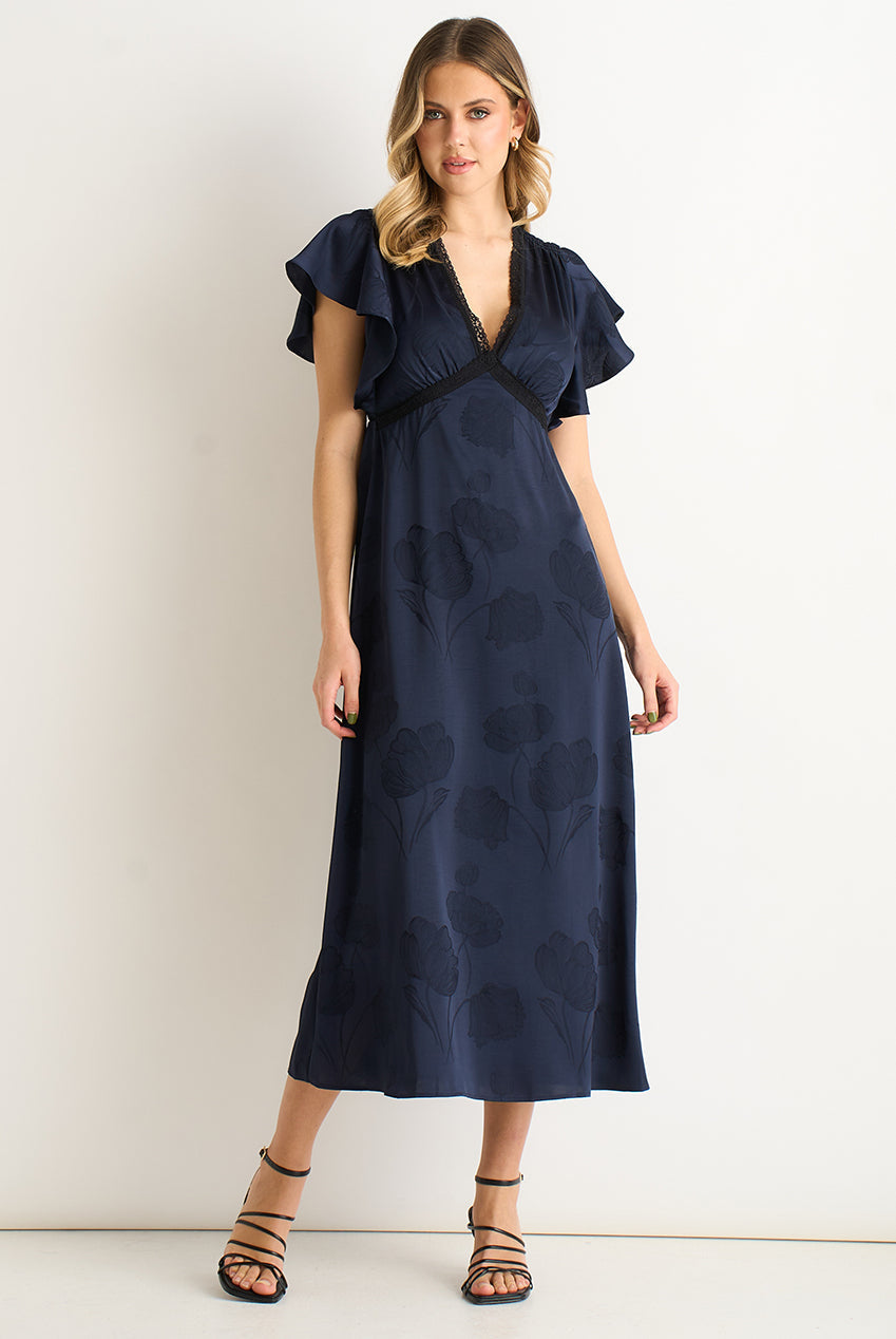 Navy Floral Satin Jacquard Lace Trim Midi Dress by Gini London - GL2188
