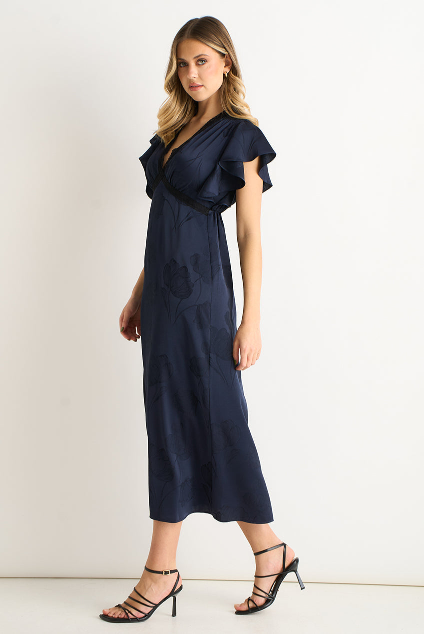 Navy Floral Satin Jacquard Lace Trim Midi Dress by Gini London - GL2188