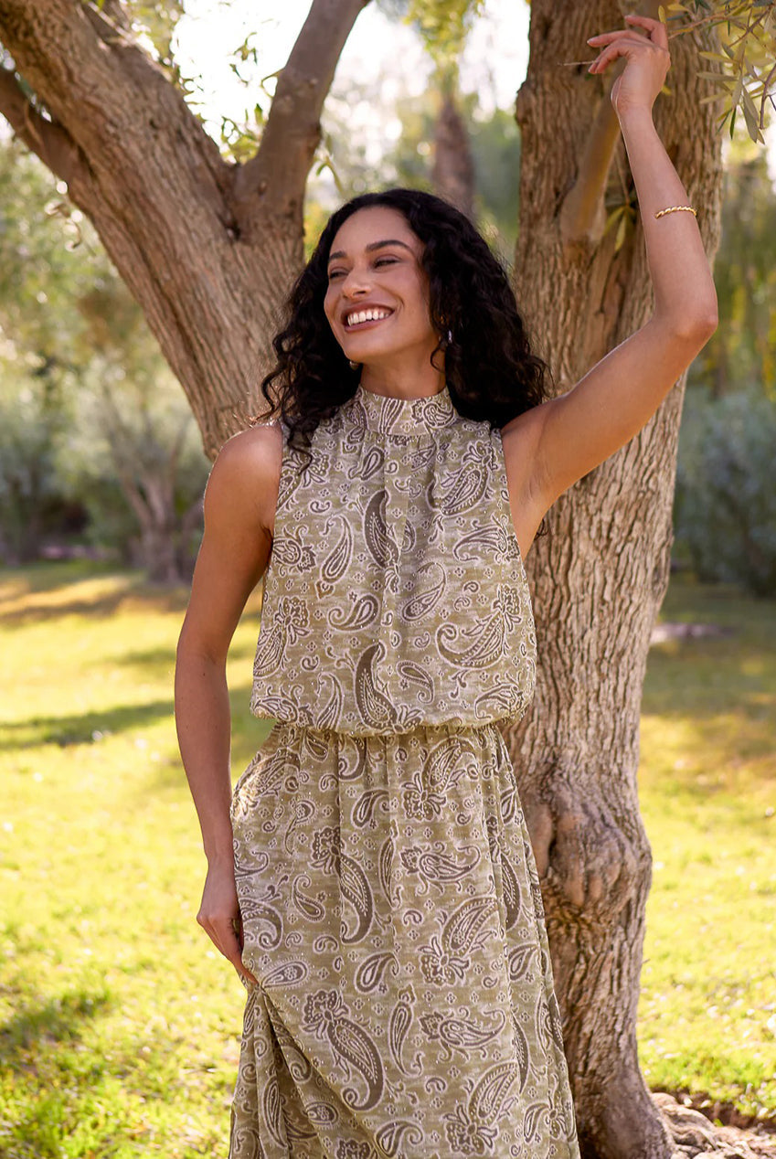 Paisley Print Rhinestone High Neck Midi Dress by Blue Vanilla - BV269851056