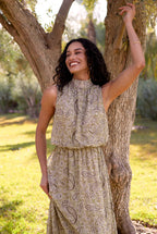 Paisley Print Rhinestone High Neck Midi Dress by Blue Vanilla - BV269851056