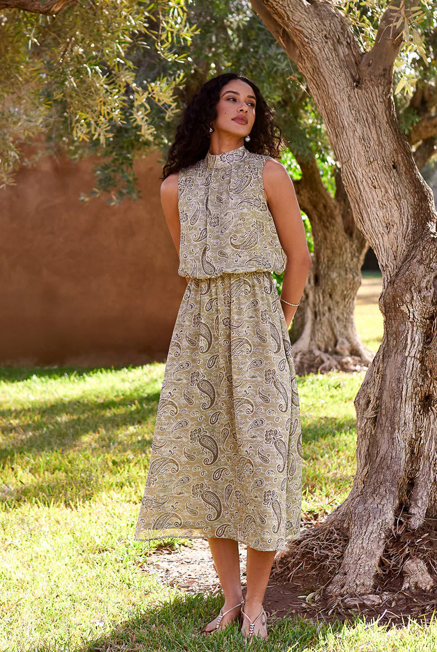 Paisley Print Rhinestone High Neck Midi Dress by Blue Vanilla - BV269851056