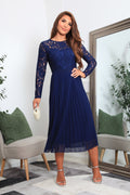 Navy Long Sleeve Lace Pleated Dress by Double Second - DR0000391