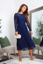 Navy Long Sleeve Lace Pleated Dress by Double Second - DR0000391