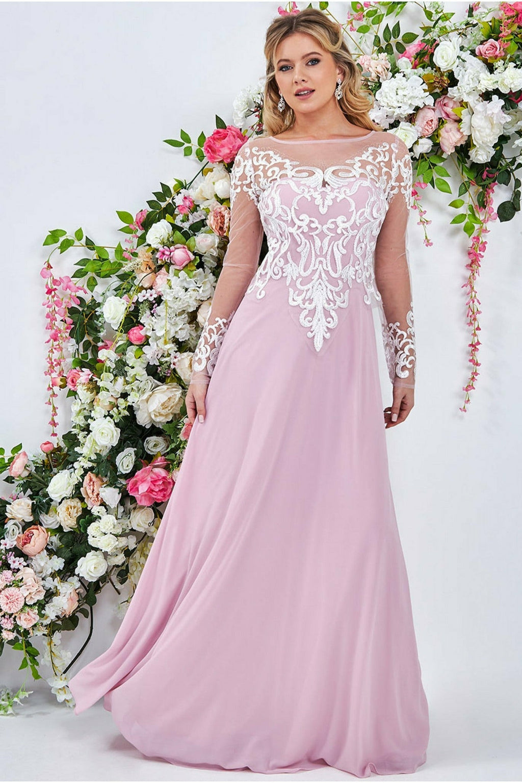 Goddiva Sequin Embroidered Patterned Lace Bodice Chiffon Maxi Dress