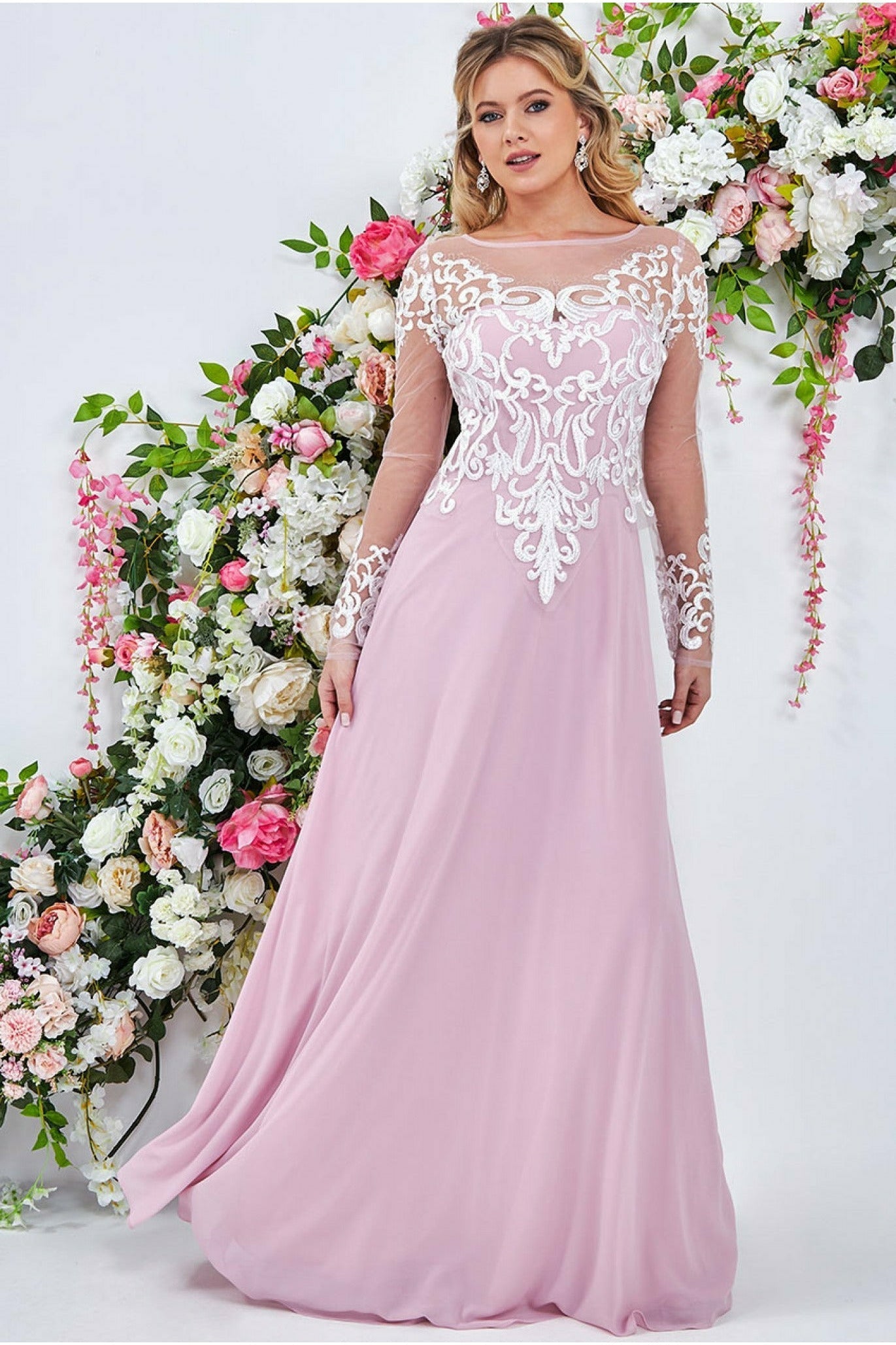 Goddiva Sequin Embroidered Patterned Lace Bodice Chiffon Maxi Dress