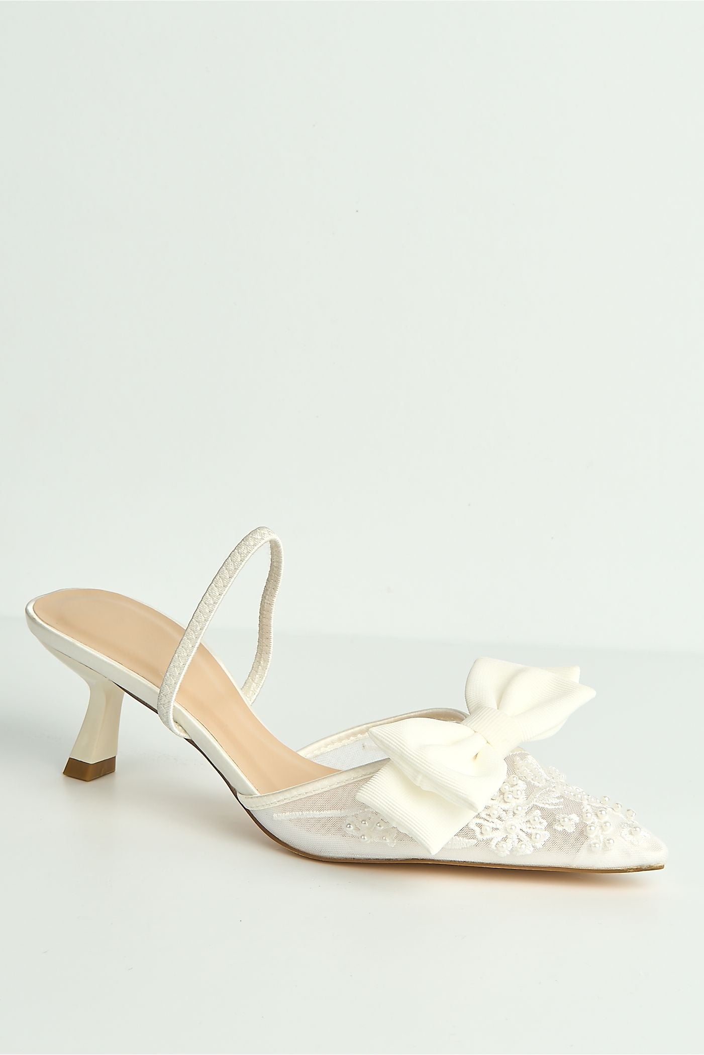 Seren Embellished Mesh And Bow Slingback Court Shoes In Ivory by Miss Diva - LOLA5251 IVR