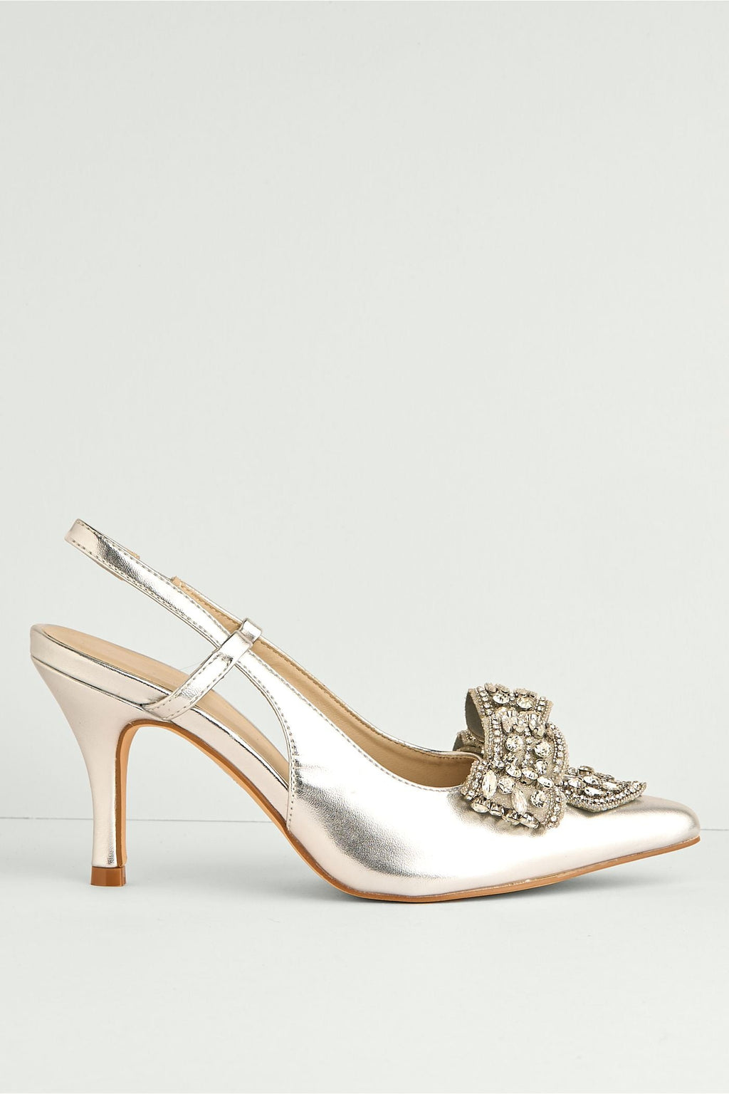 Celia Diamante Bow Pointed Toe Slingback Court Shoes In Silver by Miss Diva - DOVER61 SVR