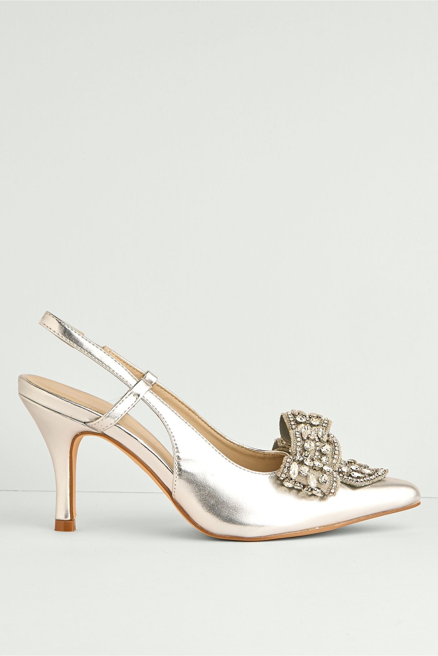 Celia Diamante Bow Pointed Toe Slingback Court Shoes In Silver by Miss Diva - DOVER61 SVR