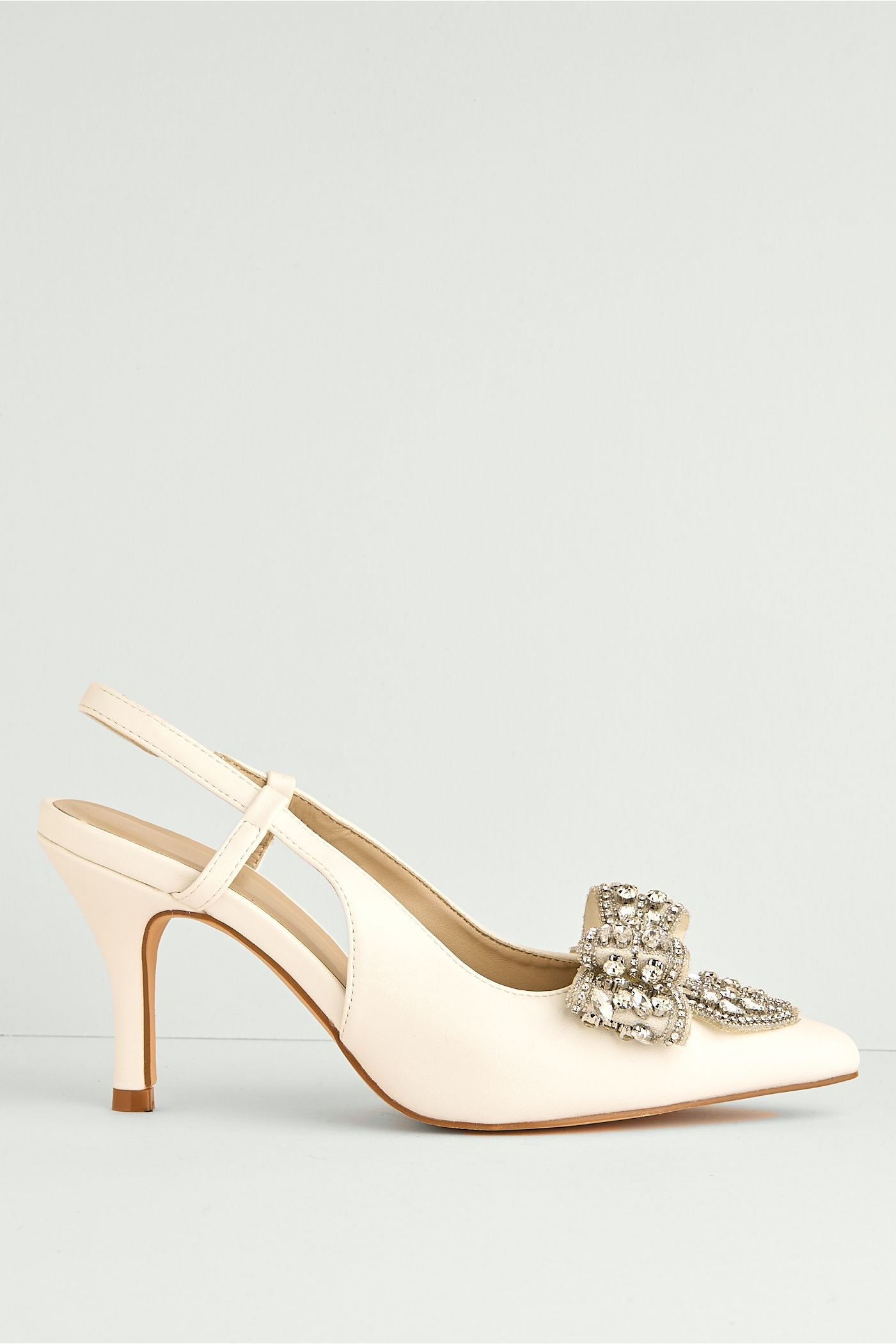 Celia Diamante Bow Pointed Toe Slingback Court Shoes In White by Miss Diva - DOVER61 WHT
