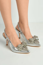 Celia Diamante Bow Pointed Toe Slingback Court Shoes In Silver by Miss Diva - DOVER61 SVR