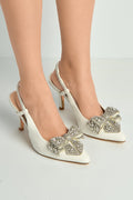 Celia Diamante Bow Pointed Toe Slingback Court Shoes In White by Miss Diva - DOVER61 WHT