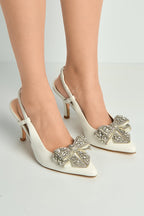 Celia Diamante Bow Pointed Toe Slingback Court Shoes In White by Miss Diva - DOVER61 WHT