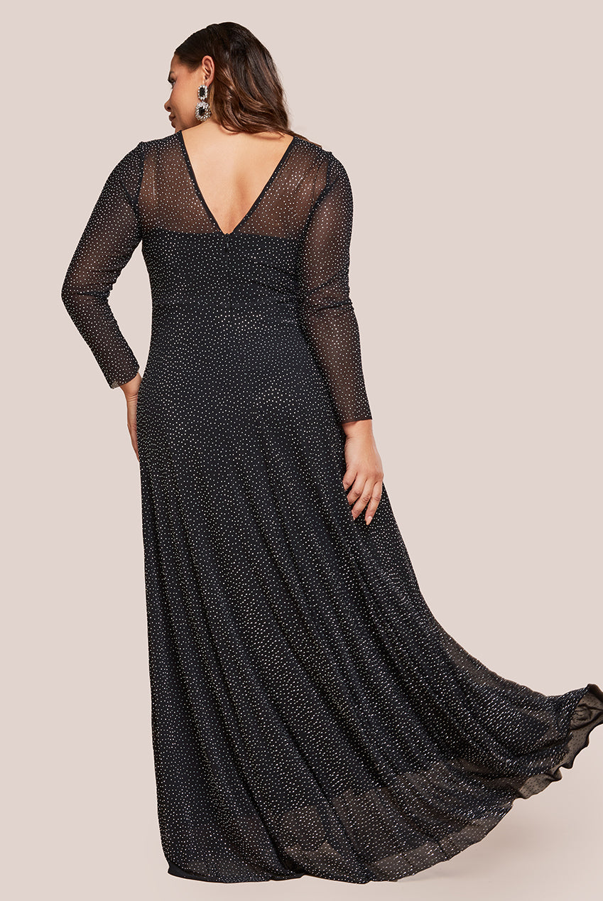 Goddiva Plus Hotfix Diamante Mesh A-Line Long Sleeve Maxi Dress