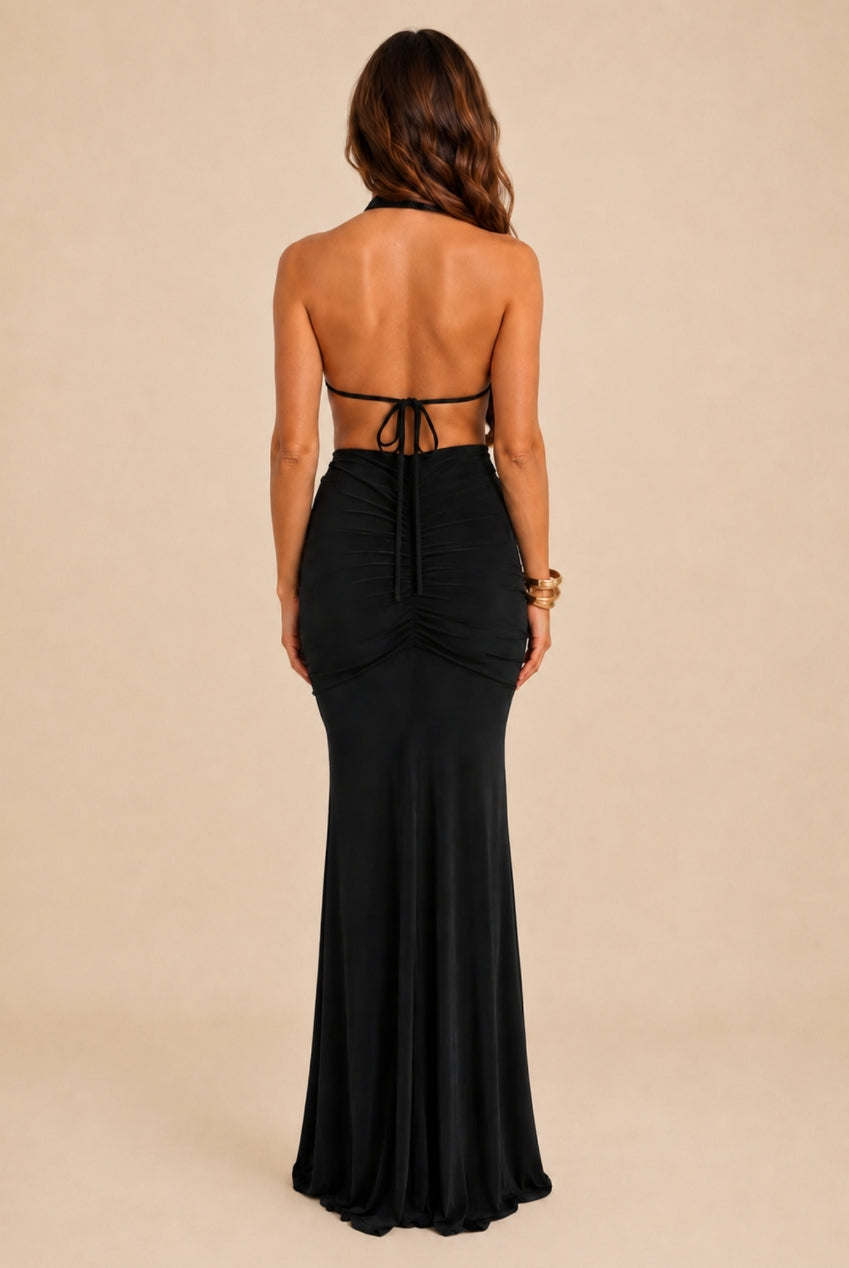 Keira Black Halterneck Backless Maxi Dress by Honor Gold - KEIRA