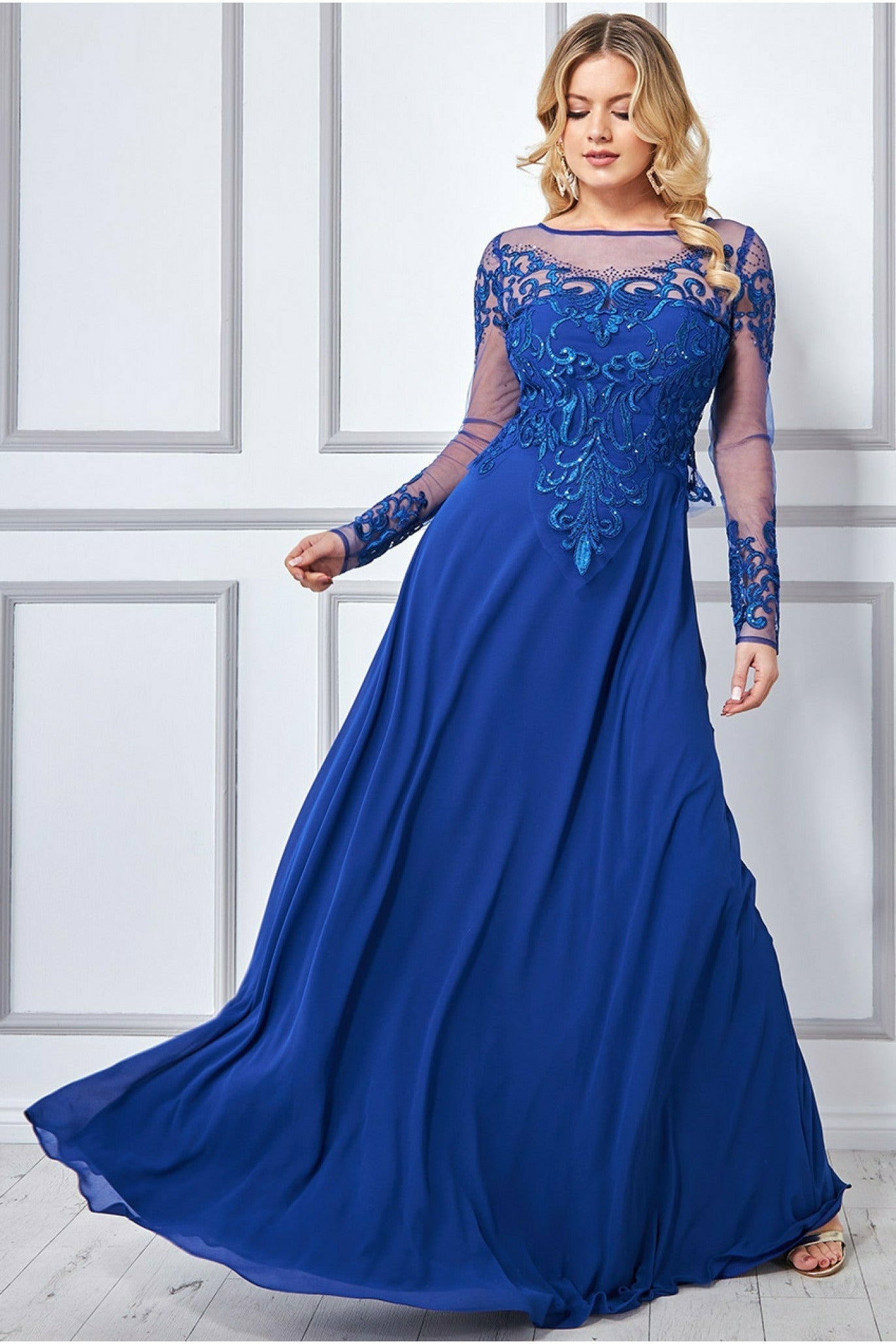 Goddiva Sequin Embroidered Patterned Lace Bodice Chiffon Maxi Dress