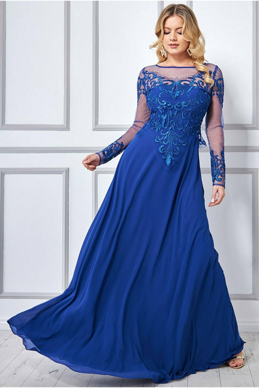 Goddiva Sequin Embroidered Patterned Lace Bodice Chiffon Maxi Dress