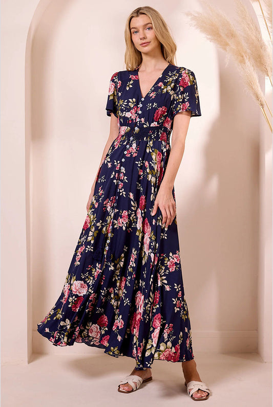 Ruched Waist Maxi Dress In Navy Floral Print by Angeleye - M042581