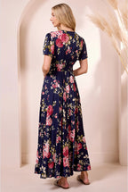 Ruched Waist Maxi Dress In Navy Floral Print by Angeleye - M042581