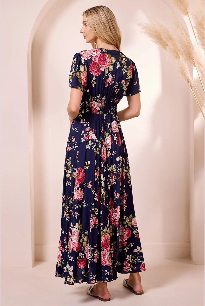 Ruched Waist Maxi Dress In Navy Floral Print by Angeleye - M042581