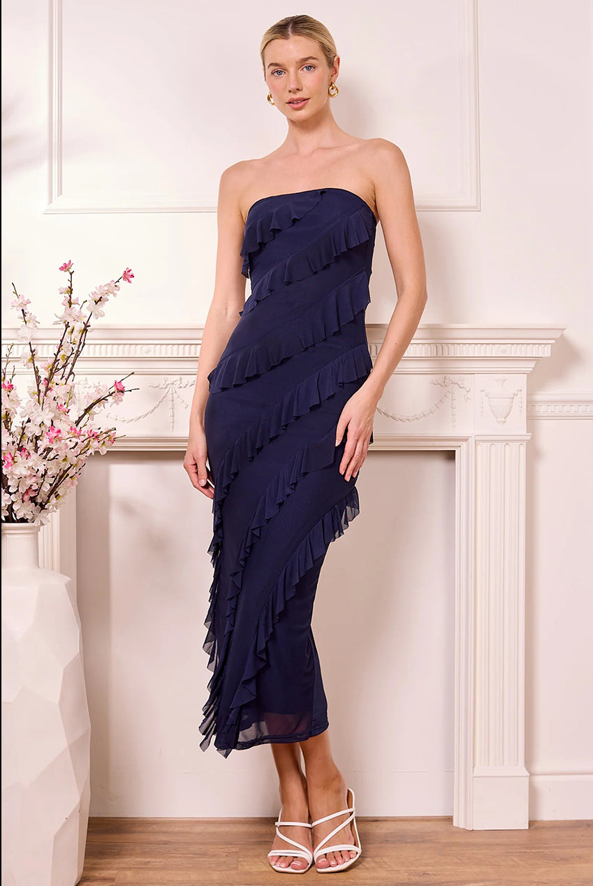 Navy Mesh Bias Ruffled Midi Bandeau Dress by Angeleye - M043646