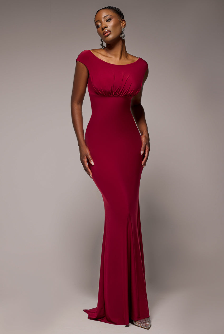 Goddiva Open Back Cowl Neck Gathered Maxi Dress With Velvet Tie Back