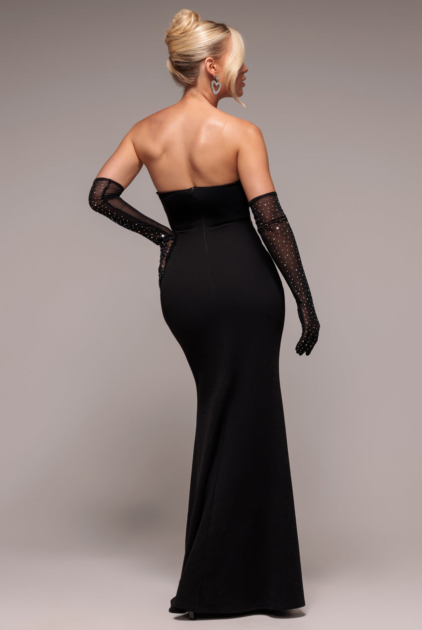 Goddiva Strapless Super Plunge Diamante Neck Maxi Dress