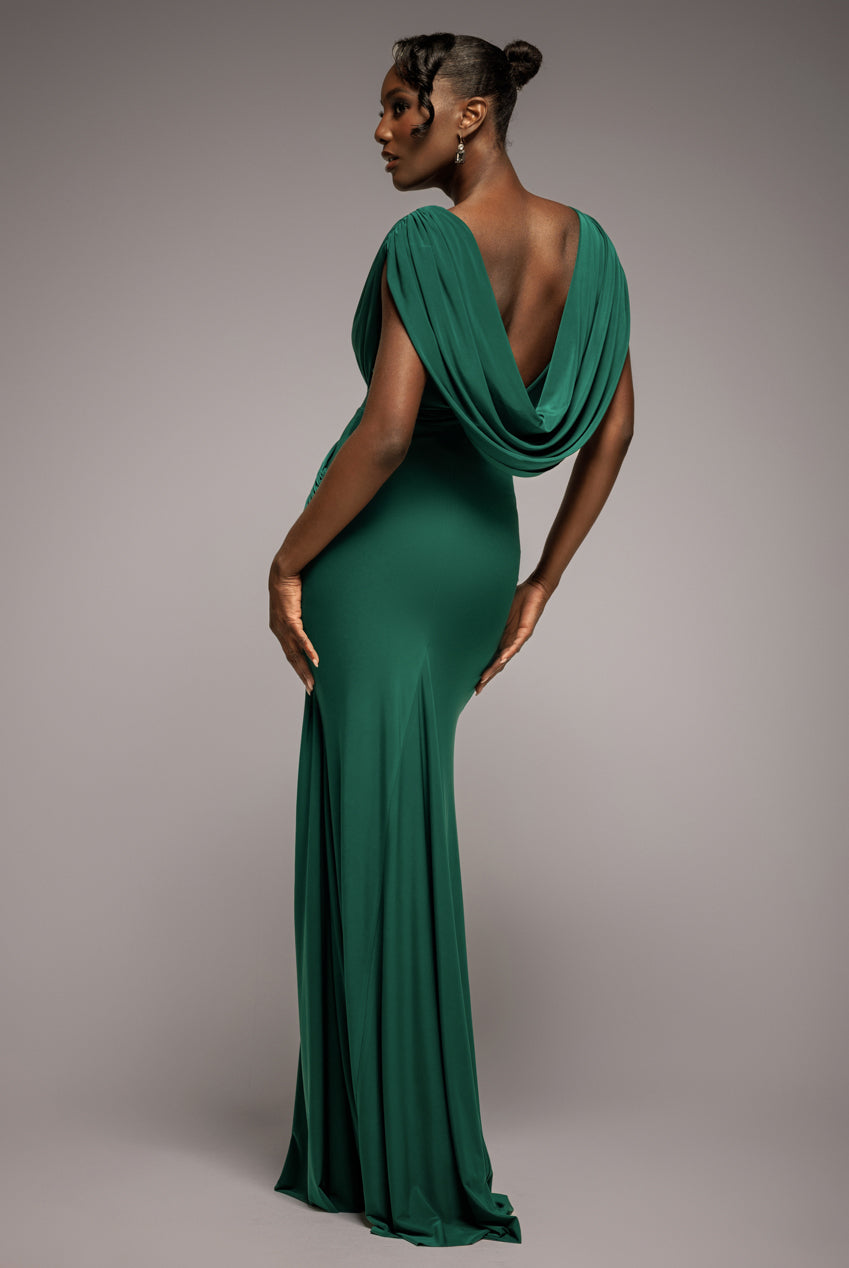 Goddiva Cowl Plunge Draped Mermaid Maxi Dress