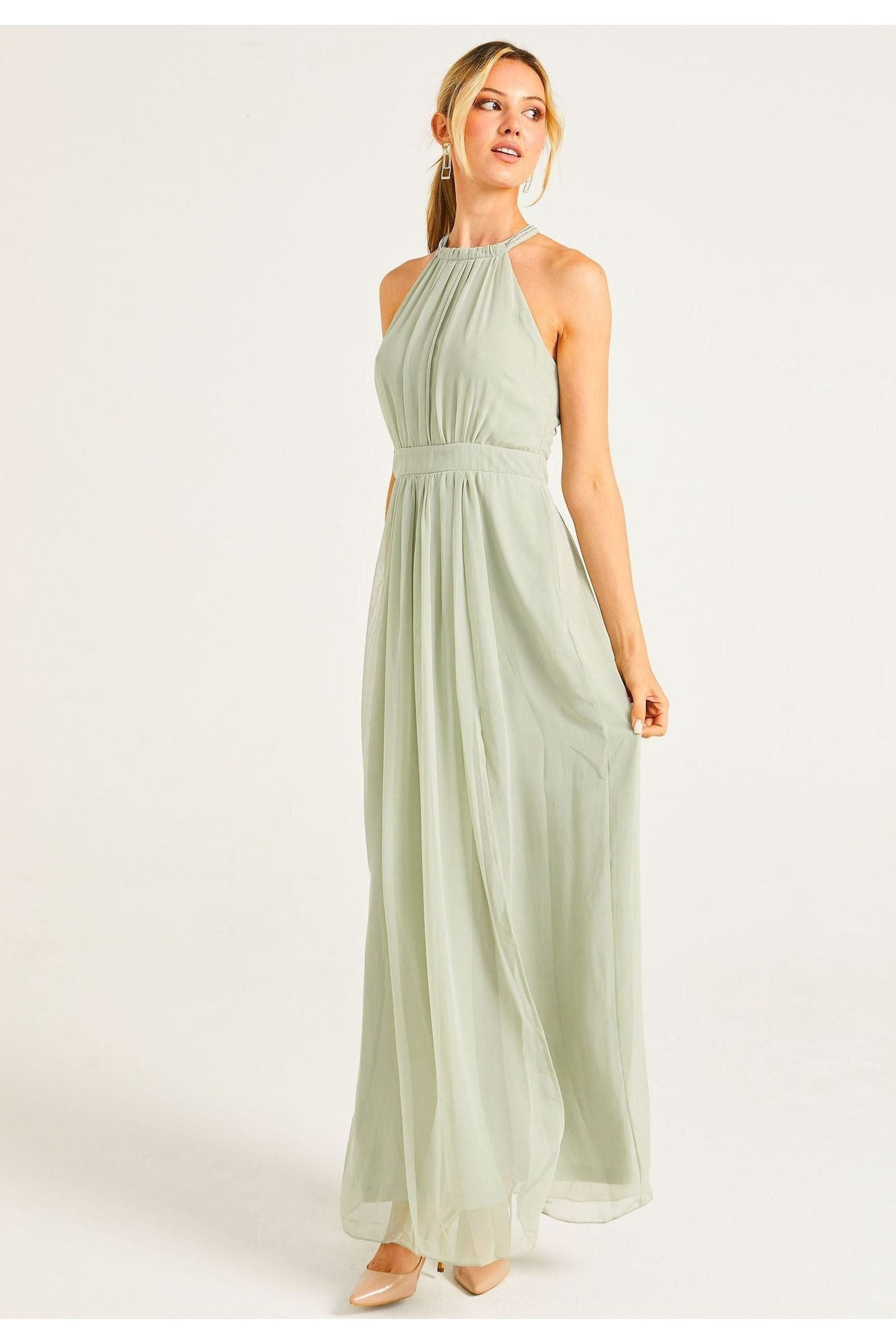 Beaded Halterneck Maxi Dress In Sage Green by Angeleye - S023499SAG/GRNF