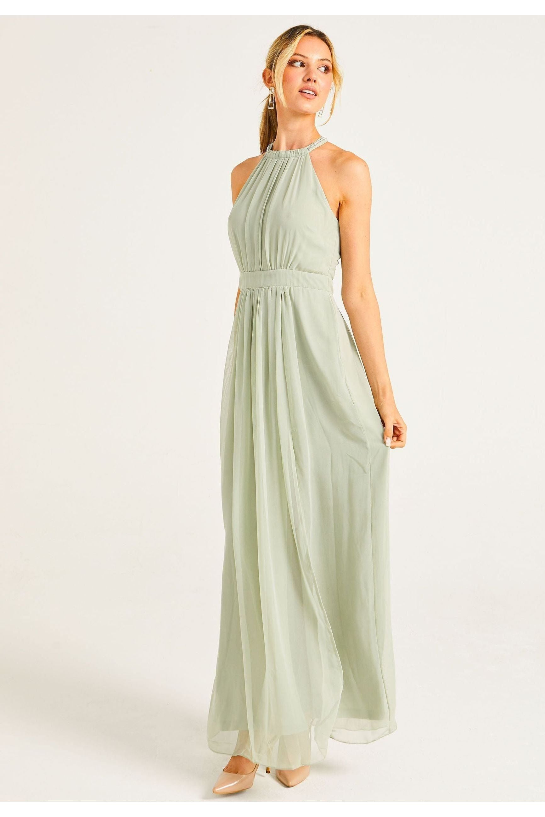 Beaded Halterneck Maxi Dress In Sage Green by Angeleye - S023499SAG/GRNF