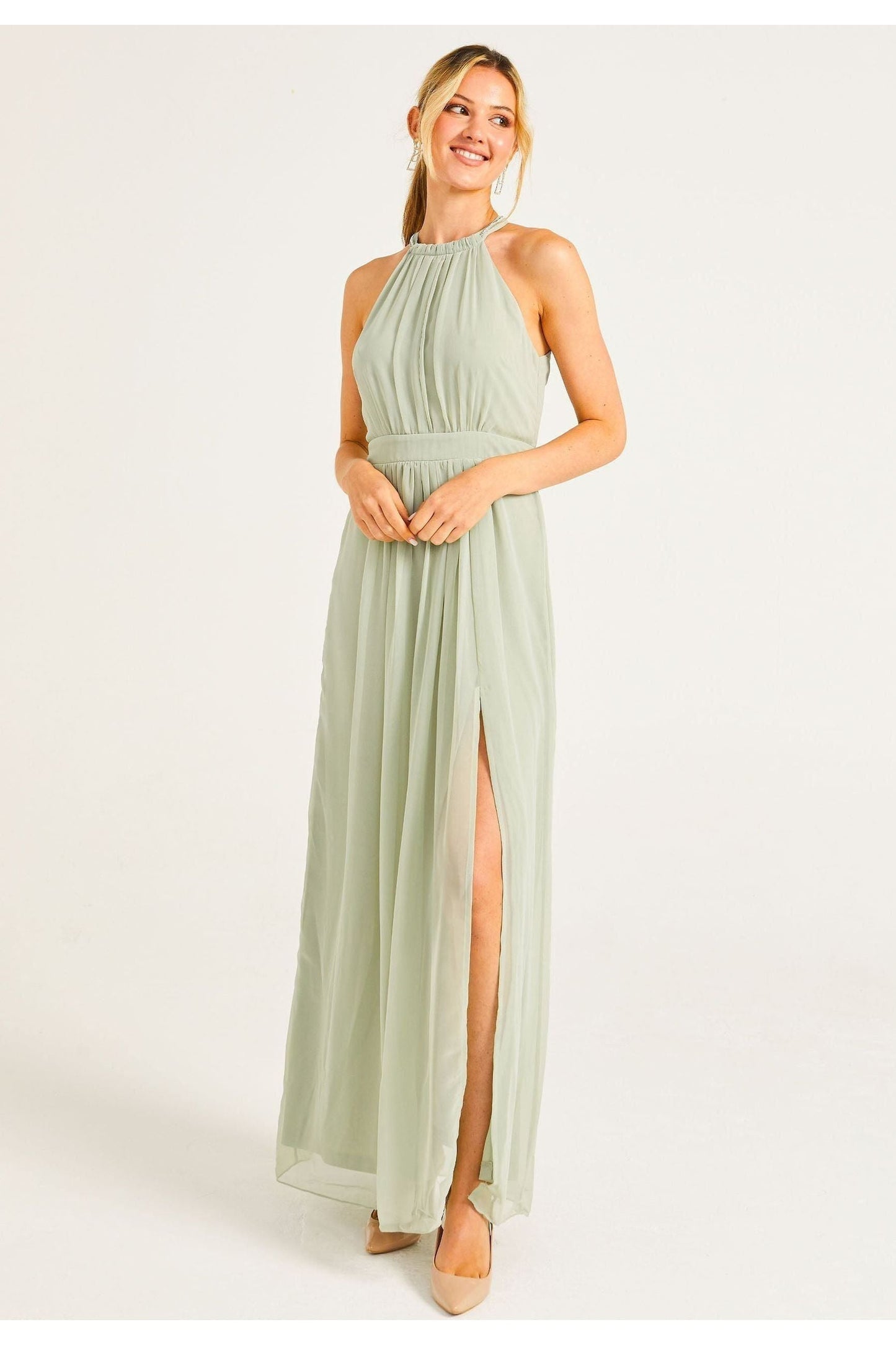 Beaded Halterneck Maxi Dress In Sage Green by Angeleye - S023499SAG/GRNF