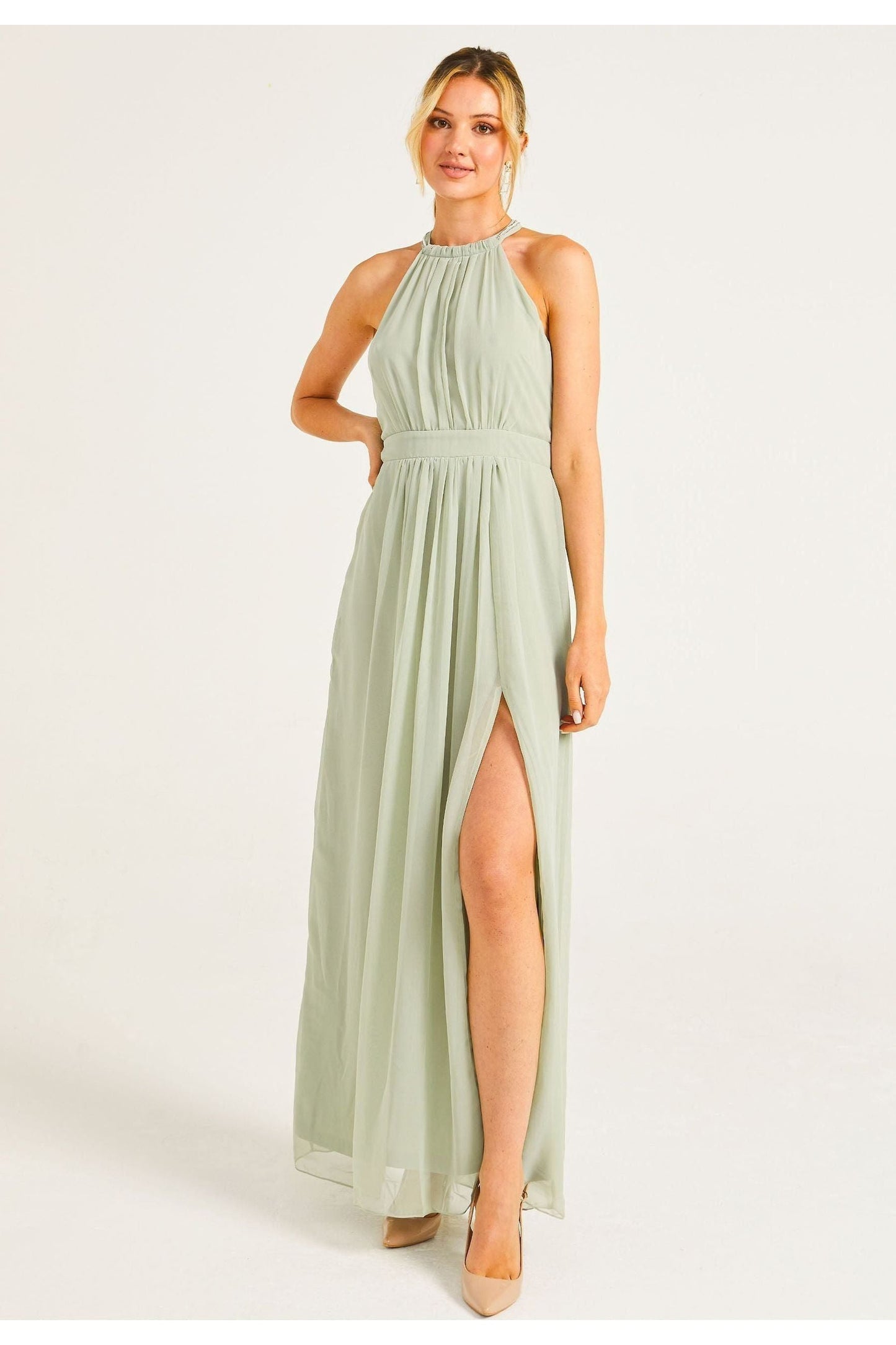Beaded Halterneck Maxi Dress In Sage Green by Angeleye - S023499SAG/GRNF