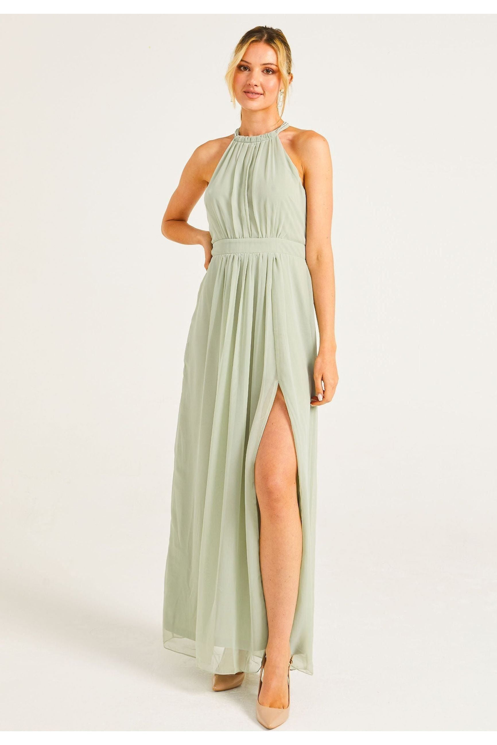 Beaded Halterneck Maxi Dress In Sage Green by Angeleye - S023499SAG/GRNF