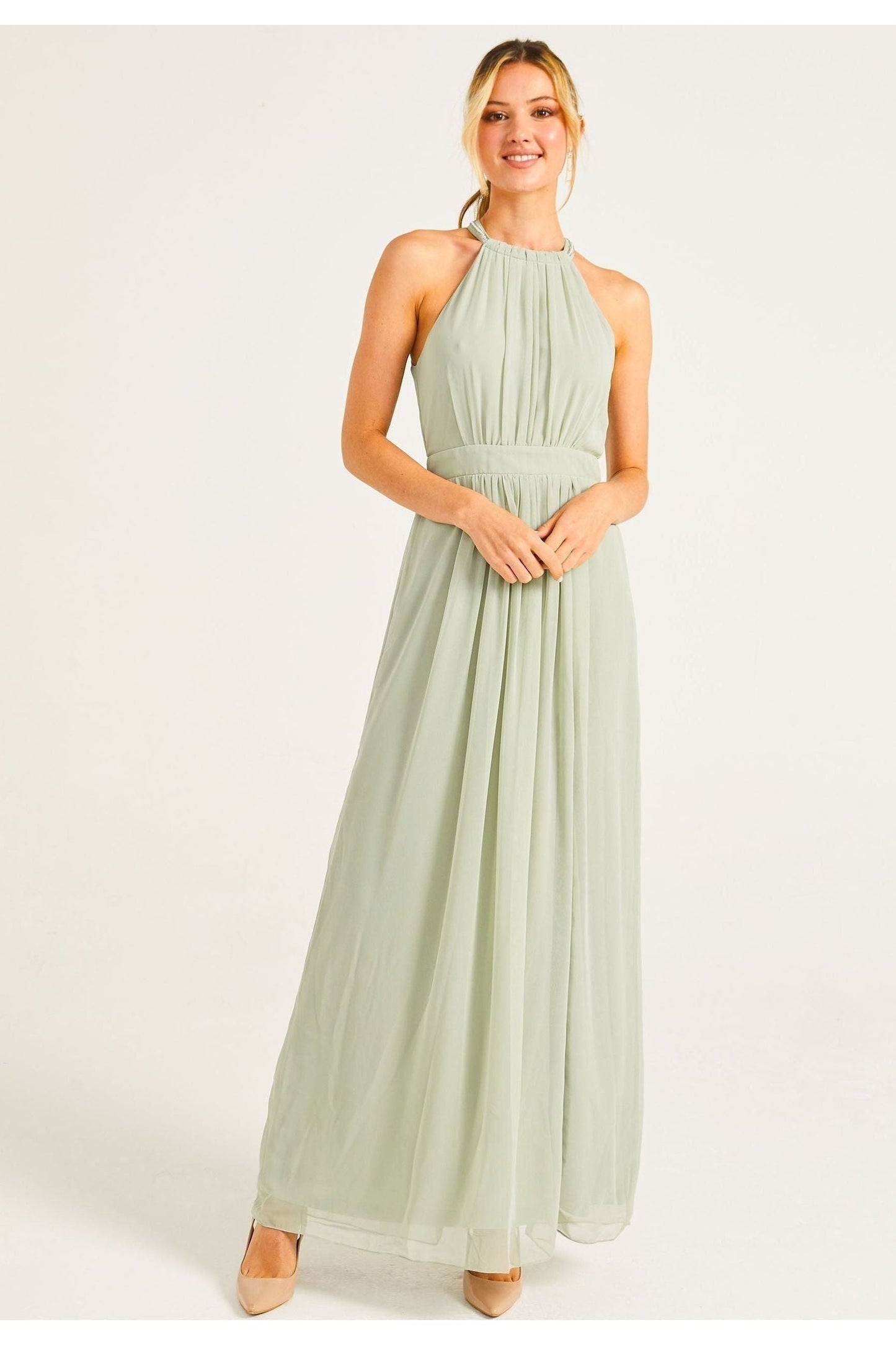 Beaded Halterneck Maxi Dress In Sage Green by Angeleye - S023499SAG/GRNF