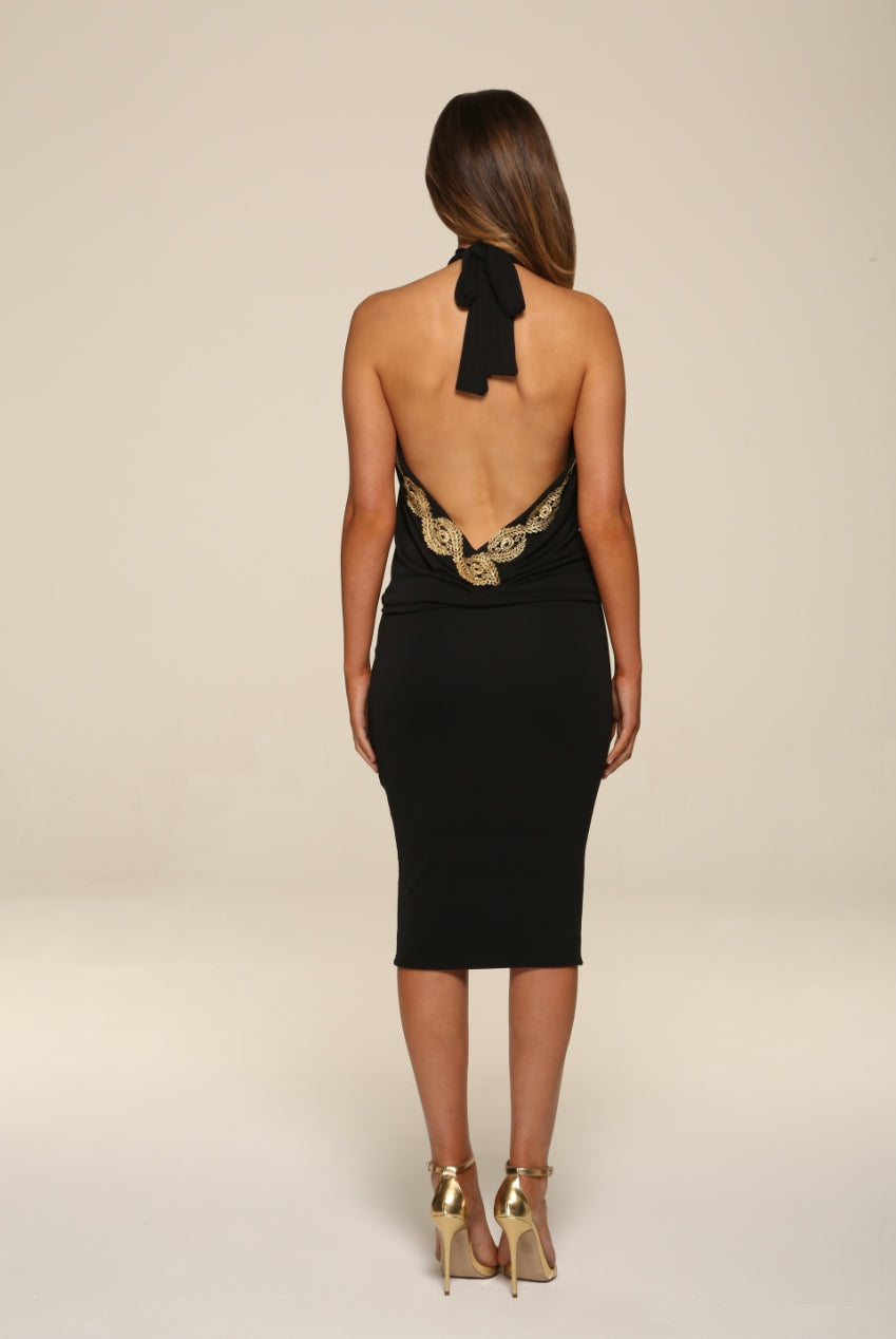 Sasha Black Backless Midi Dress With Gold Leaf Trim by Honor Gold - SASHA
