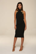 Sasha Black Backless Midi Dress With Gold Leaf Trim by Honor Gold - SASHA