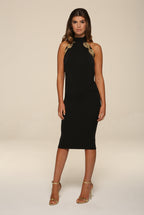 Sasha Black Backless Midi Dress With Gold Leaf Trim by Honor Gold - SASHA