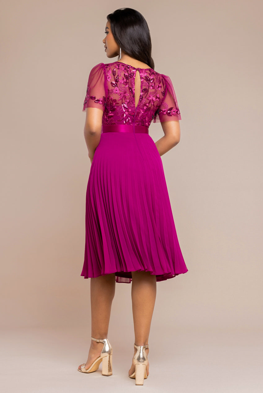 Goddiva Embroidered Top Chiffon Pleated Midi