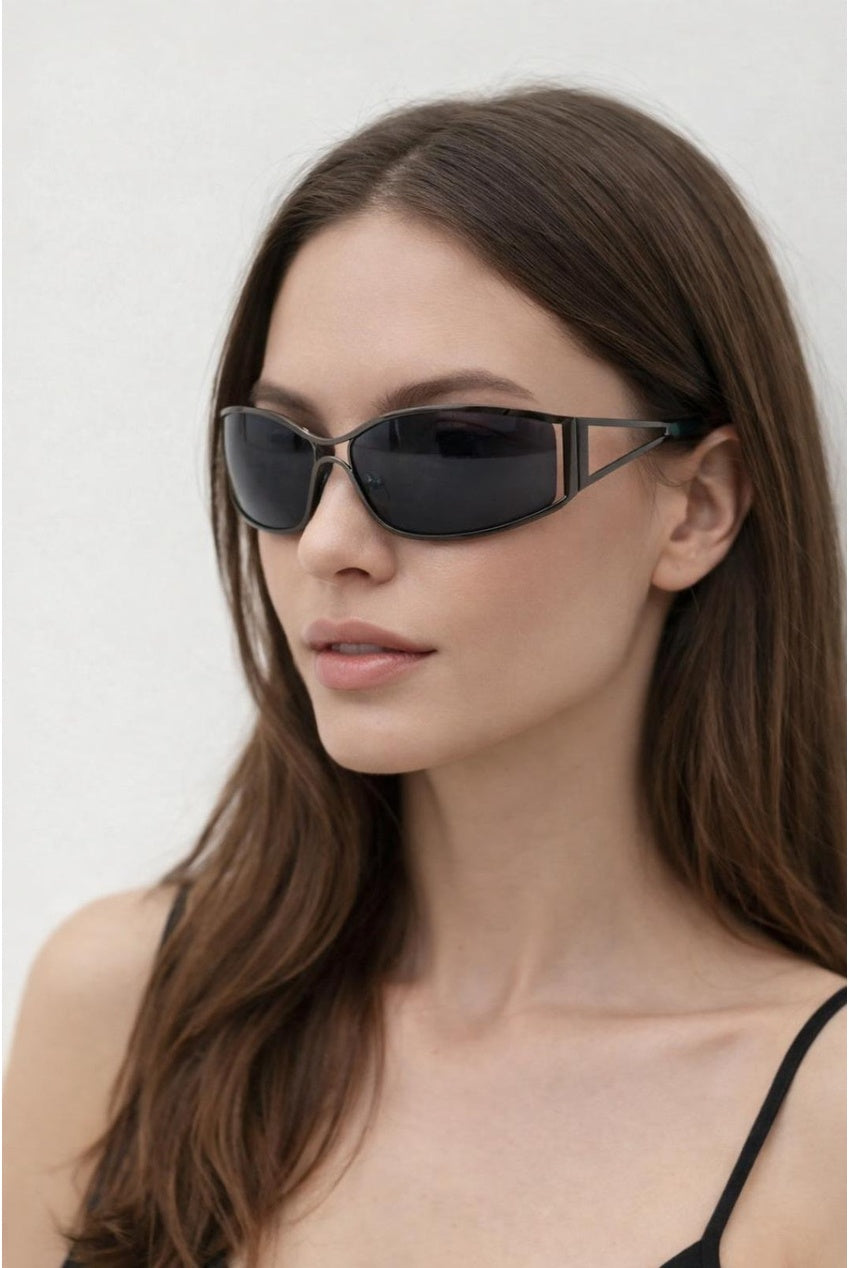 Retangle Wrap Around Metal Sunglasses In Gun Metal by SVNX - SG2602402