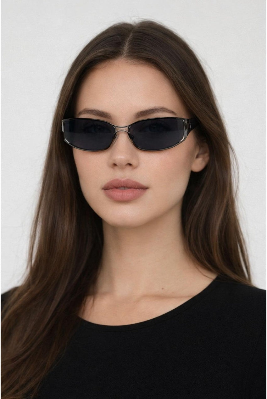 Retangle Wrap Around Metal Sunglasses In Gun Metal by SVNX - SG2602402