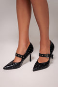 Embellished Pointed Mary Jane Heeled Shoes - Black by Goddiva - SH10