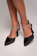 Diamante Embellished Satin Slingback Court Heels - Black Satin by Goddiva - SH14