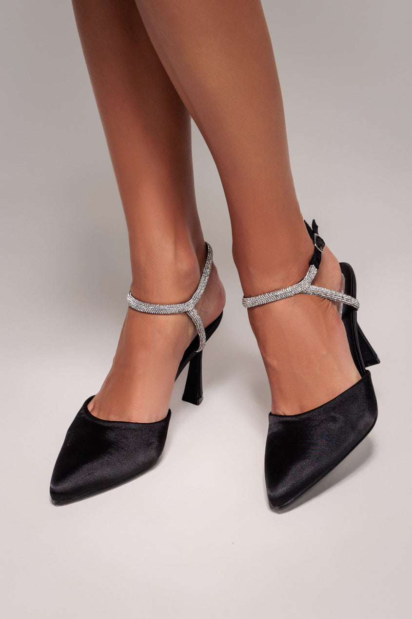 Diamante Embellished Satin Slingback Court Heels - Black Satin by Goddiva - SH14