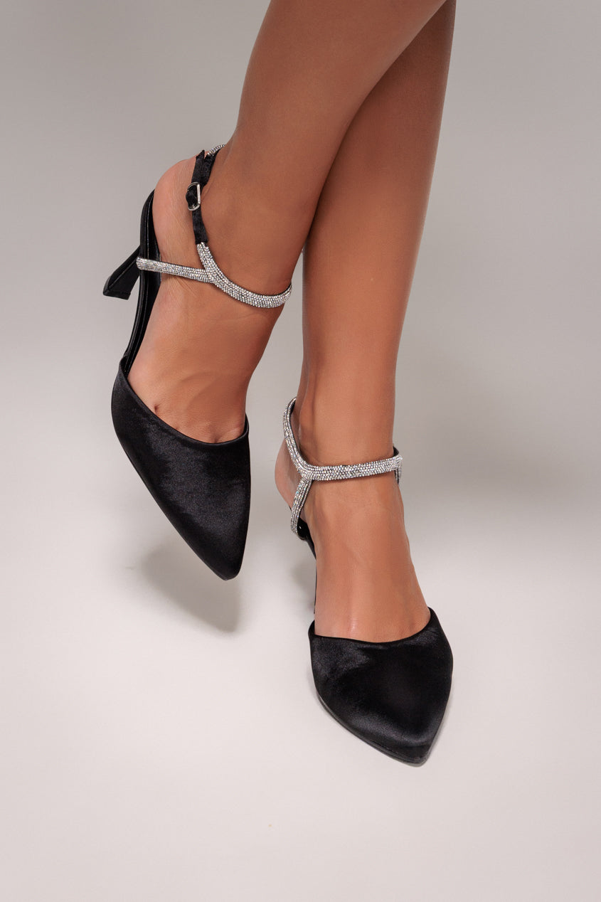 Diamante Embellished Satin Slingback Court Heels - Black Satin by Goddiva - SH14