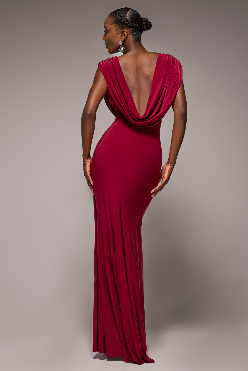 Goddiva Cowl Plunge Draped Mermaid Maxi Dress