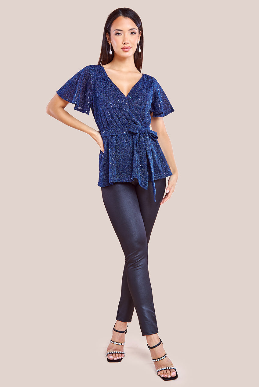 Goddiva Lurex Flutter Sleeve Wrap Top