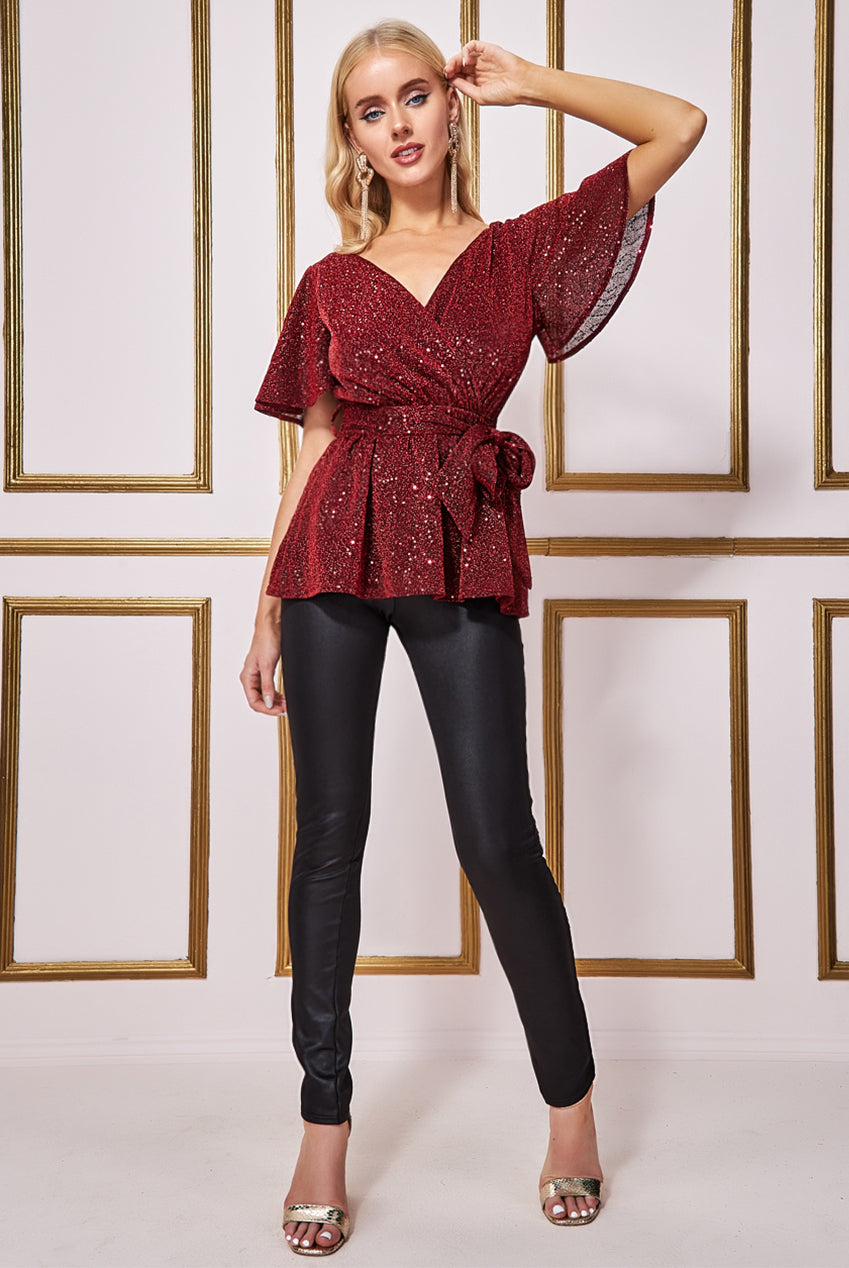 Goddiva Lurex Flutter Sleeve Wrap Top