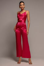 Satin Cowl Neck Jumpsuit - Cerise by Goddiva - TR234VP